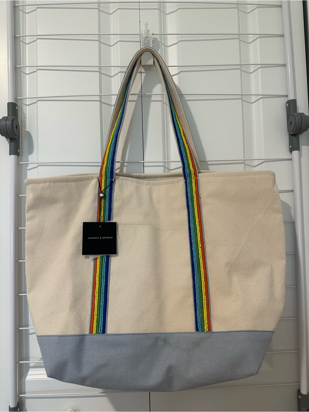 America & Beyond Cream Canvas Tote with Rainbow Straps and Gray Base
